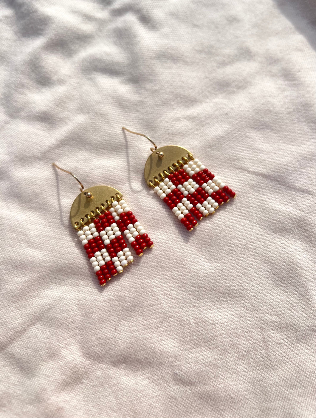 Hand Beaded Checkered earrings (cream & wine red)