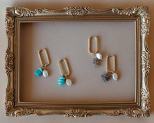 Load image into Gallery viewer, Labradorite/Fresh Water Pearl Rectangle Hoops
